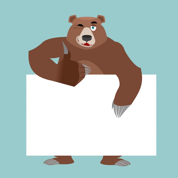 Vector oso de dibujos animados con cartel vacío y pulgares arriba