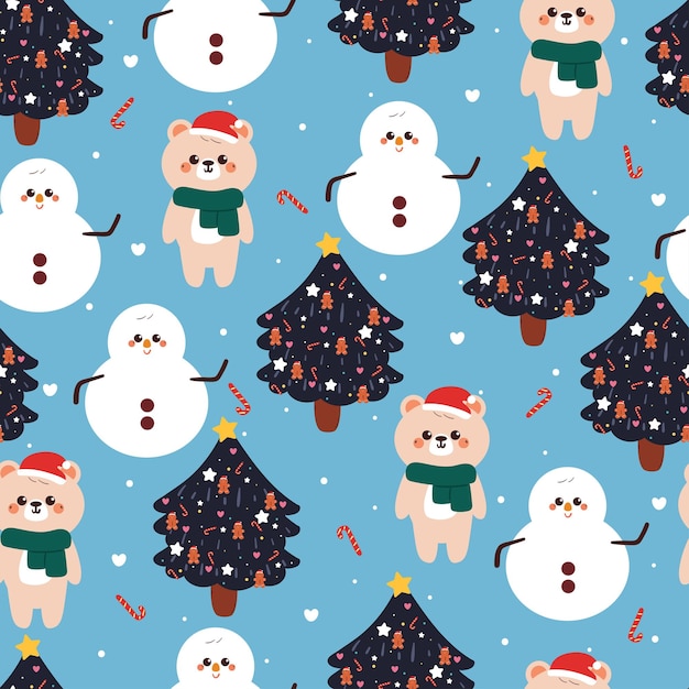 oso de dibujos animados sin costuras con árbol de Navidad y cosas de invierno dulce Navidad y invierno