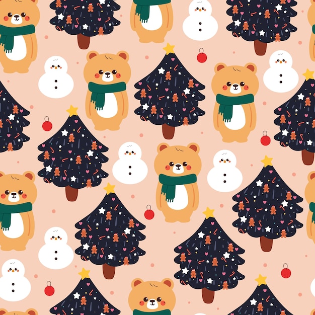 Oso de dibujos animados sin costuras con árbol de Navidad, papel tapiz de Navidad y invierno.
