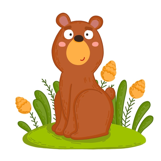 Un oso de dibujos animados está sentado en la hierba.