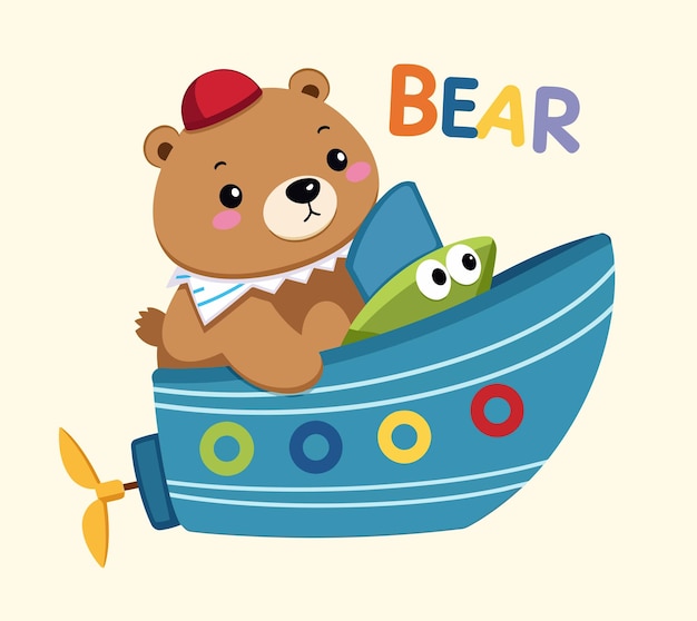 El oso de dibujos animados y la ilustración del barco