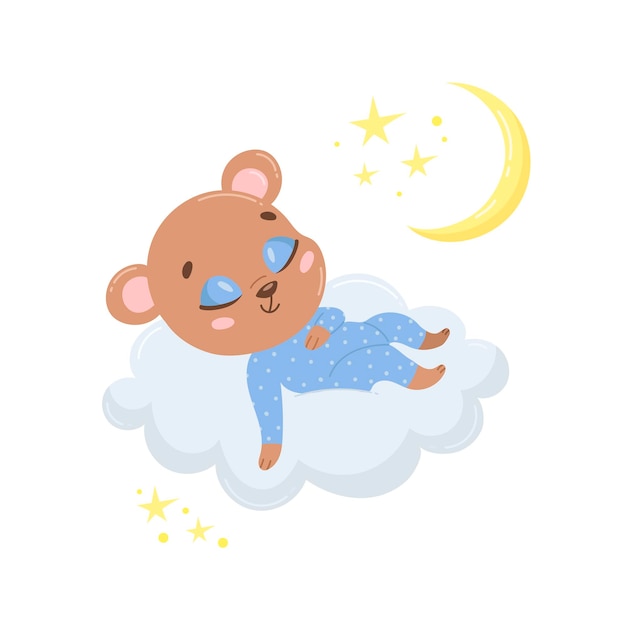 Oso de dibujos animados lindo durmiendo en una nube.