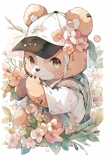Un oso de dibujos animados con un sombrero y una flor.