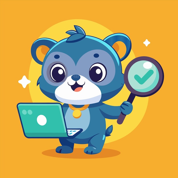 un oso de dibujos animados sosteniendo una computadora portátil con una lupa