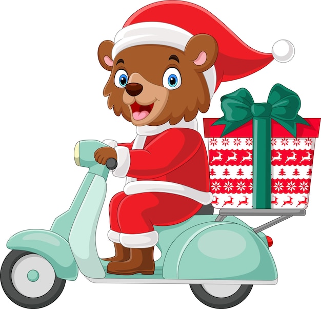 Oso de dibujos animados en traje de santa claus entregando regalos en un scooter