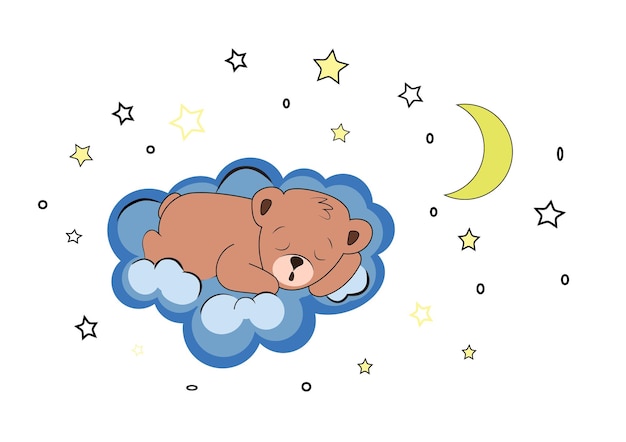 Oso durmiente en una nube azul en el cielo con estrellas y luna
