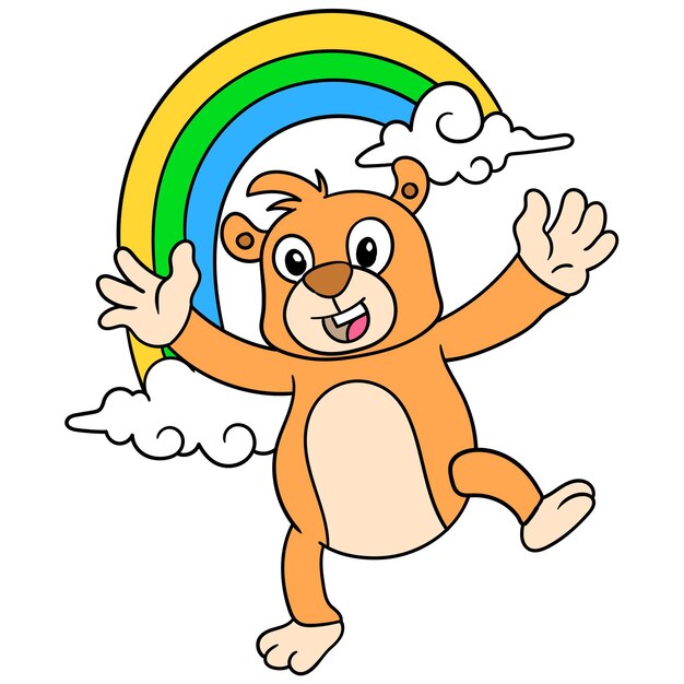El oso está bailando alegremente para dar la bienvenida a la primavera con un hermoso arco iris, arte de ilustración vectorial. imagen de icono de doodle kawaii.