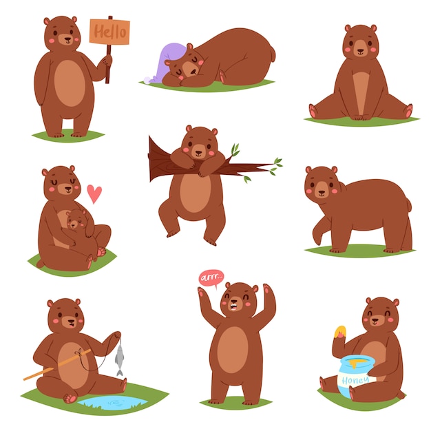 Oso establece personaje animal de dibujos animados y lindo oso pardo marrón comiendo ilustración de miel conjunto animal de osito infantil jugando o abrazándose con ella-oso sobre fondo blanco