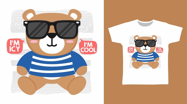 Oso fresco con diseño de concepto de camiseta de dibujos animados de gafas