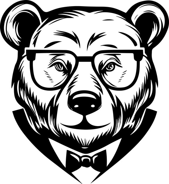 Oso con gafas y logotipo de corbatín estilo de diseño monocromático