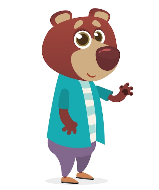 Oso grizzly divertido y feliz de dibujos animados con ropa moderna de estilo elegante Ilustración vectorial aislada