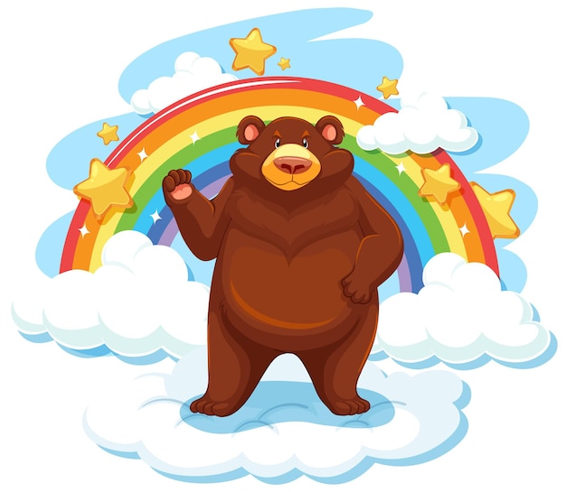 Vector oso grizzly en la nube con arcoiris