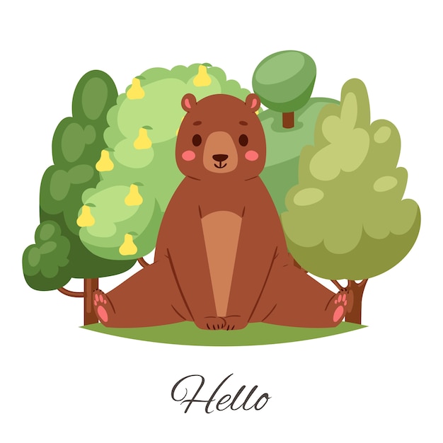 Oso hola ilustración de letras. saludo de carácter lindo oso de peluche marrón, sentado entre árboles verdes de verano y sonriendo. animales salvajes divertidos para niños en blanco