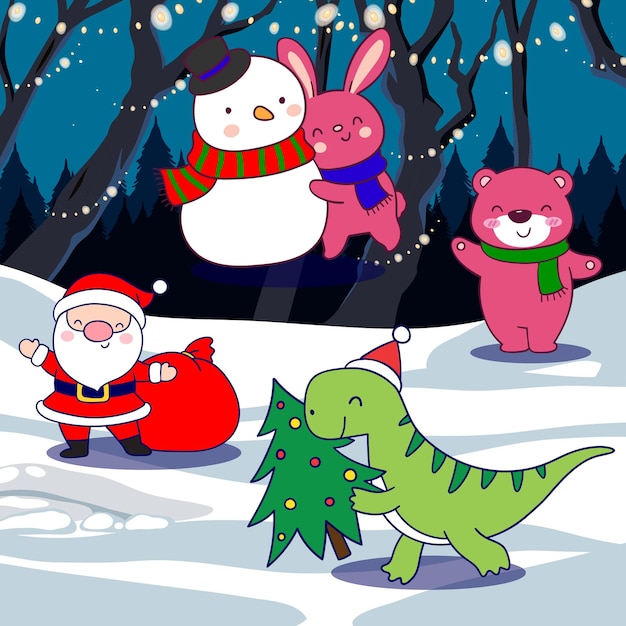 Vector el oso hombre de nieve de papá noel y el pingüino en el bosque de invierno