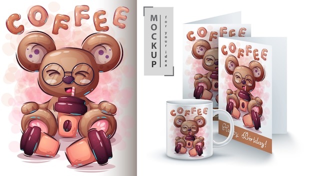 Vector oso con ilustración de café y merchandising.