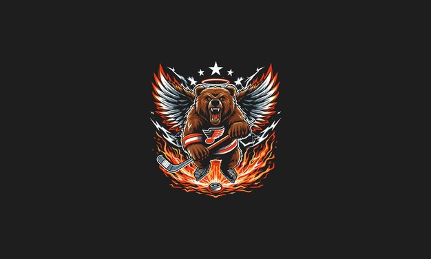 oso jugando al hockey con alas llamas y relámpagos diseño de obras de arte vectorial