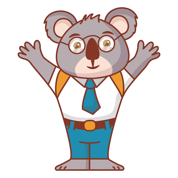 Vector un oso koala de dibujos animados que va a la escuela un alegre y lindo cachorro de koala que salta en un uniforme escolar con una bolsa