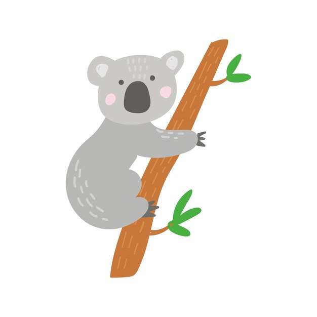 un oso koala con una nariz rosa está colgando de una rama de árbol