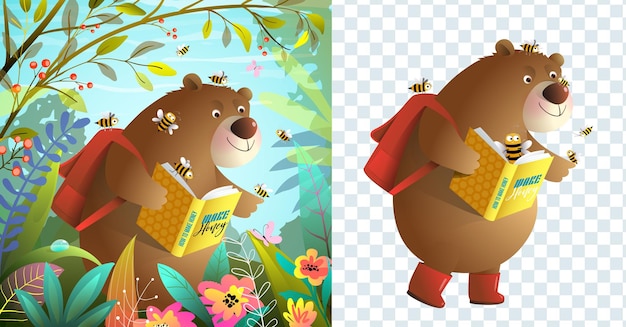 Oso lee y estudia un libro en el bosque y aislado