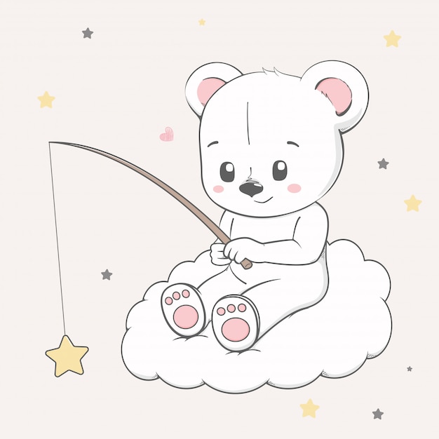 Vector oso lindo bebé sentado en la nube y la captura de estrellas