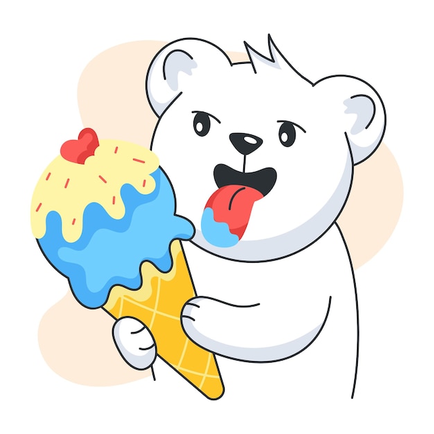Un oso lindo comiendo un cono de hielo con una pegatina de estilo plano.