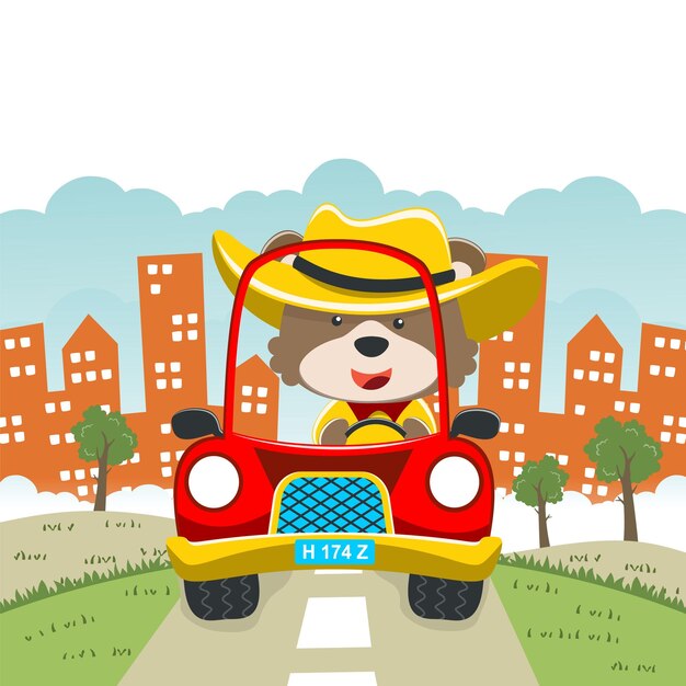 oso lindo conduciendo un coche ir al bosque dibujos animados de animales divertidos vector creativo fondo infantil para tela textil guardería papel pintado cartel folleto y otras decoraciones