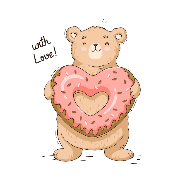 Vector oso lindo de dibujos animados con postre en forma de corazón