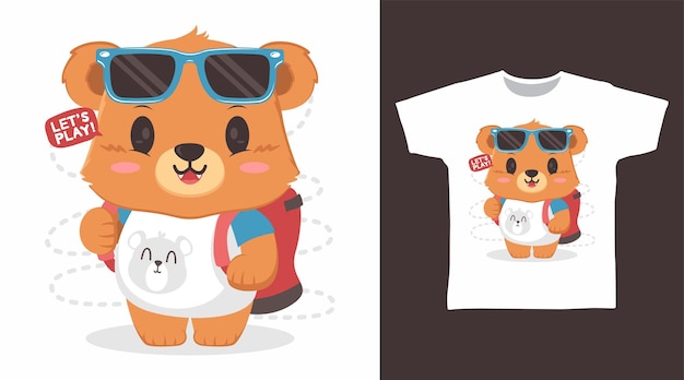 Oso lindo con diseño de artes de camiseta de dibujos animados de gafas