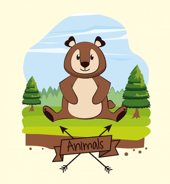 Vector oso lindo en icono de dibujos animados de bosque