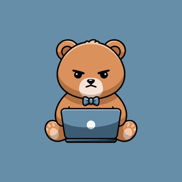El oso lindo con la ira de la computadora portátil