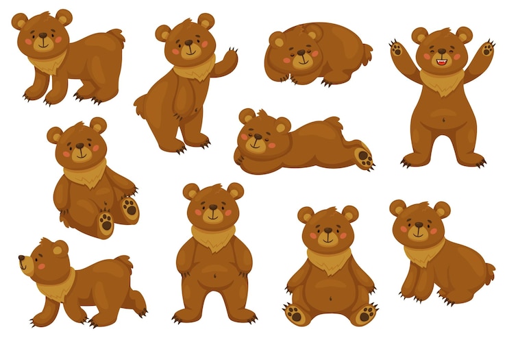 Vector oso marrón de dibujos animados animal gracioso en diferentes posturas sentado, acostado y de pie personaje feliz del bosque lindo gran cómic colección de grizzly peligro mamífero salvaje conjunto aislado de vectores recientes