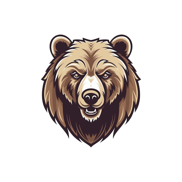 Oso marrón enojado cabeza peluda fuerte depredador salvaje contorno icono vector ilustración plana agresivo desierto animal de poder contorno detallado logotipo de mascota para zoológico caza camiseta diseño de impresión aislado
