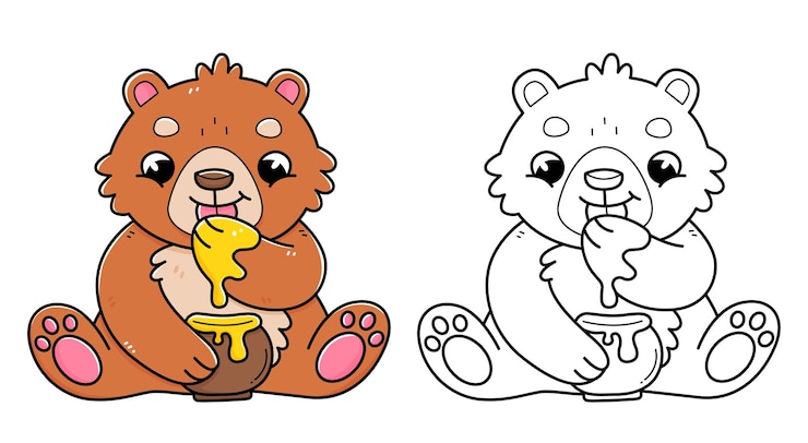 Vector el oso con miel libro de colorear con ejemplo de colorear para niños página para colorear con el oso comiendo miel