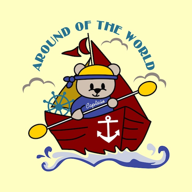 Oso navega alrededor de la ilustración de vector de dibujos animados de diseño mundial para imprimir