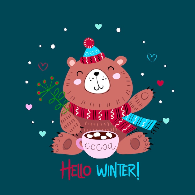 Vector oso de navidad en un gorro de punto con una taza de cacao. hola invierno. letras.