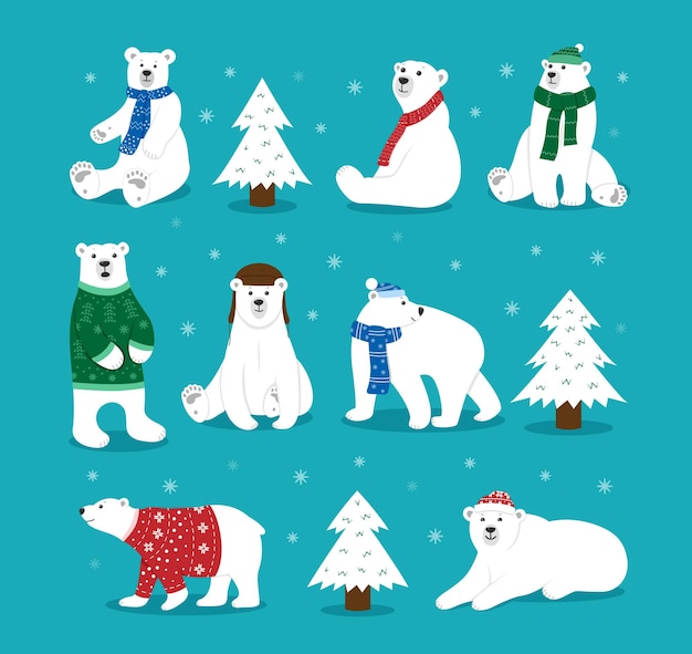 Oso de Navidad con pañuelo personajes polares niño ártico blanco vida silvestre con ropa fría niño nieve invierno Navidad mamíferos zoológico o fauna forestal vector utter dibujos animados plano ilustración aislada