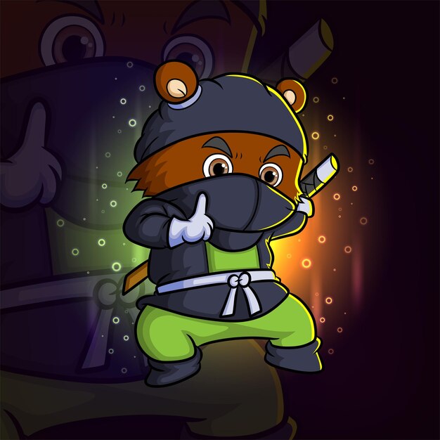 El oso ninja con el logotipo de diseño de mascota de esport de movimiento silencioso