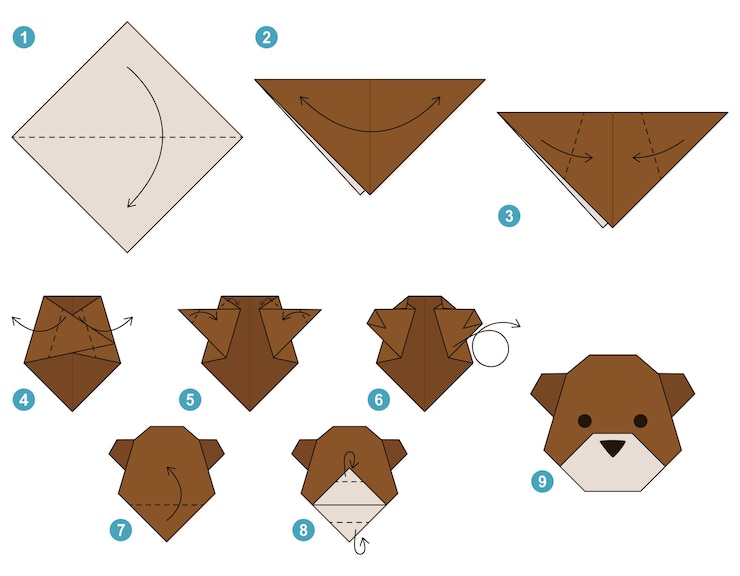 Vector oso origami esquema tutorial modelo en movimiento. papiroflexia para niños. paso a paso.