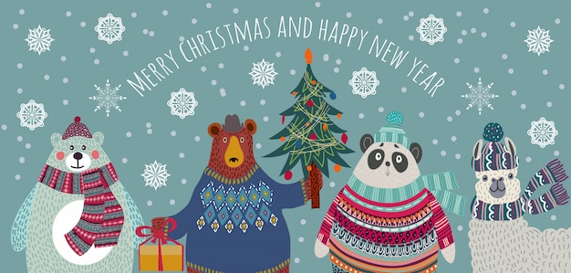 Oso, oso polar, panda y llama en ropa de invierno saludo de Navidad