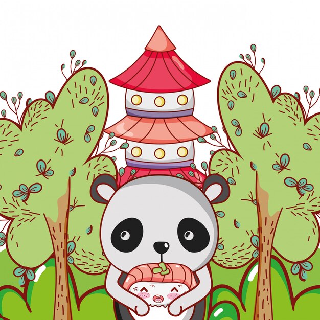 Oso panda y comida kawaii.