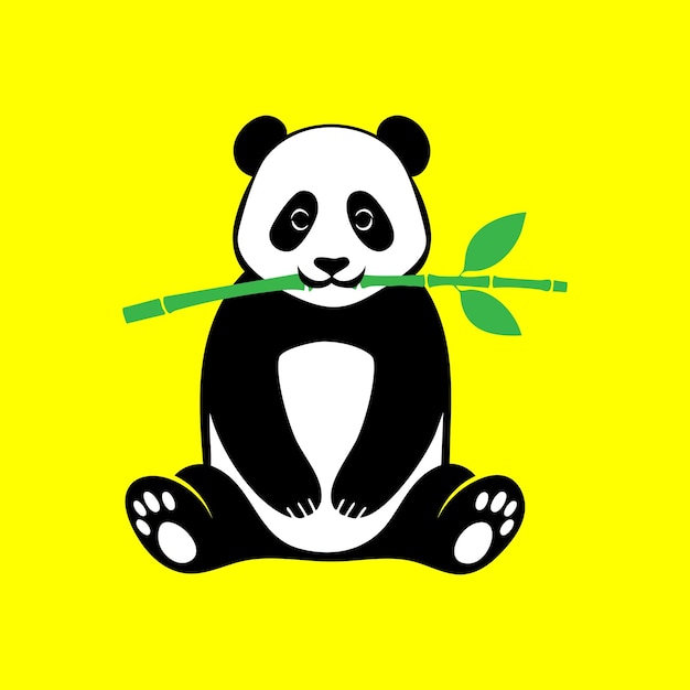 Un oso panda comiendo una rama de bambú en una ilustración de fondo amarillo
