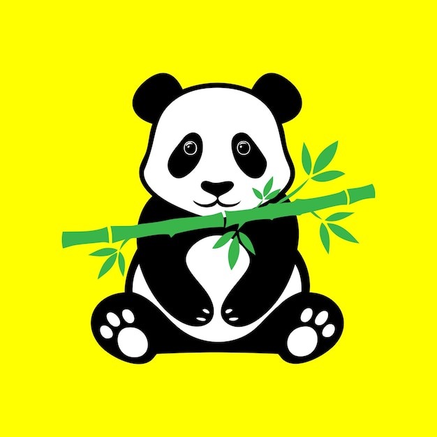Un oso panda comiendo una rama de bambú en una ilustración de fondo amarillo