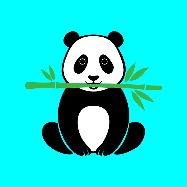 Vector un oso panda comiendo una rama de bambú en una ilustración de fondo azul