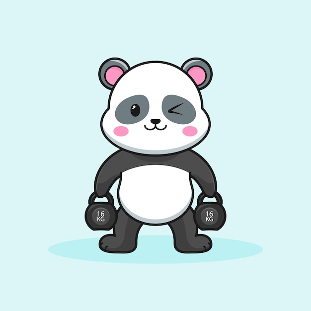 Oso panda de dibujos animados participando en actividades deportivas levantando pesas rusas