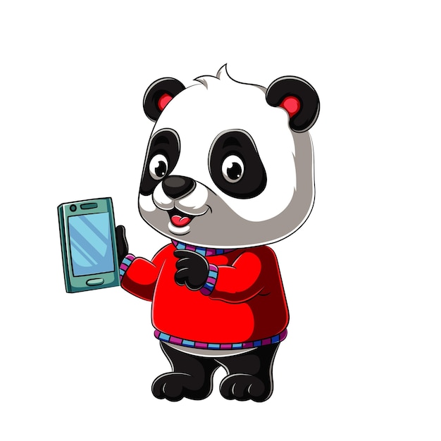 un oso panda sosteniendo un teléfono que dice panda en él