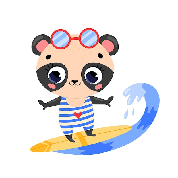 Oso panda de surf de verano de dibujos animados lindo doodle plano.