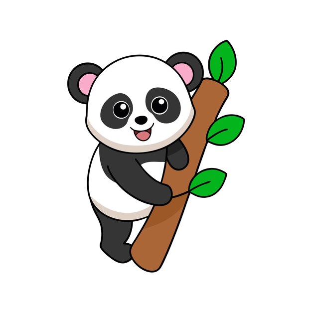 un oso panda con un traje negro sosteniendo un tronco con una hoja verde