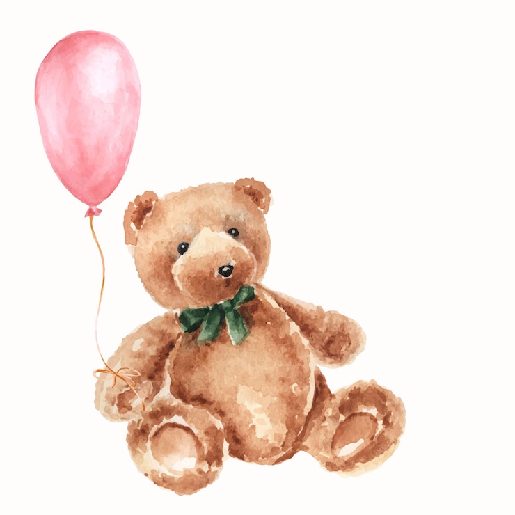 Vector oso de peluche de acuarela con globo rosa