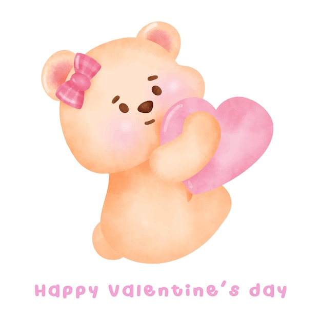 Vector oso de peluche de acuarela pintado a mano para la tarjeta del día de san valentín o las postales románticas