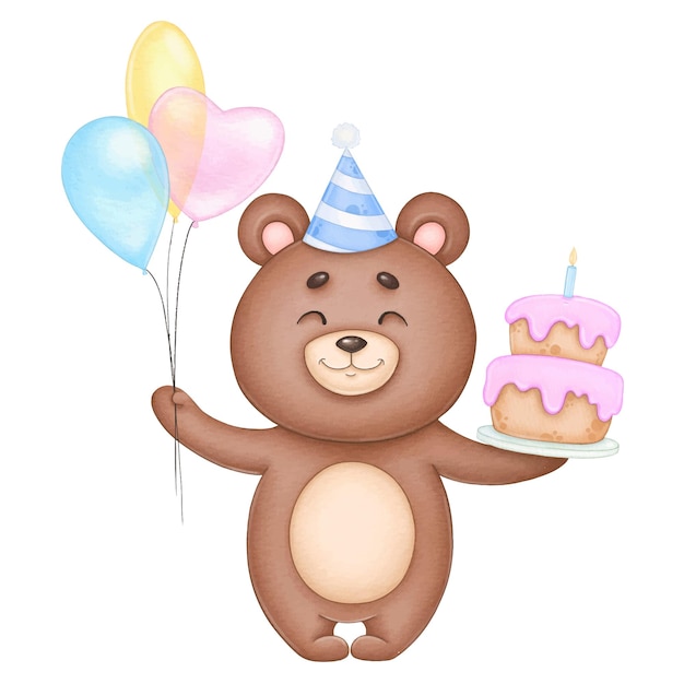 Vector oso de peluche alegre con globos y pastel, ilustración de vacaciones